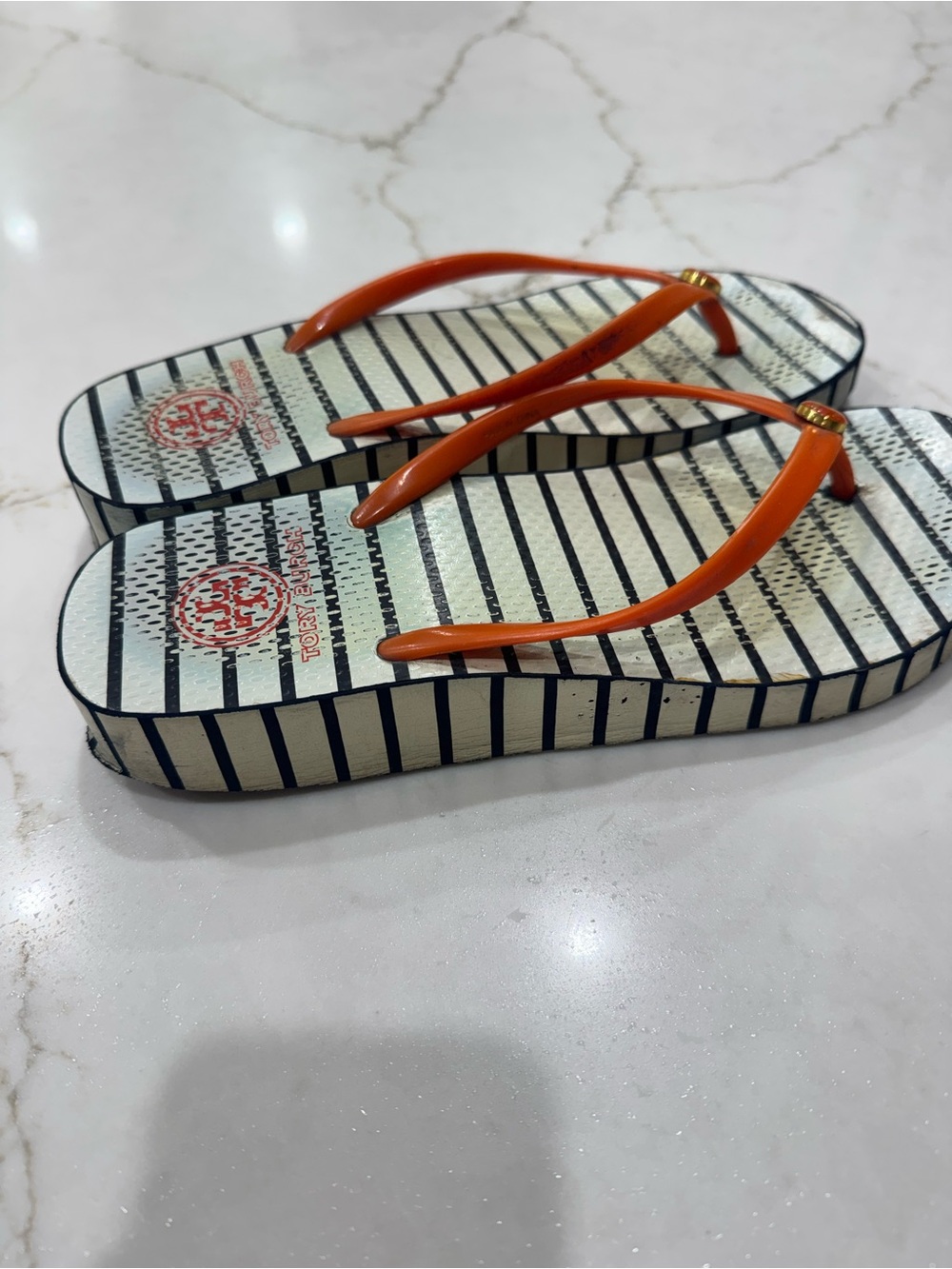 Tory Burch Women’s Navy Stripe Flip Flops with Orange Straps wedges size 8